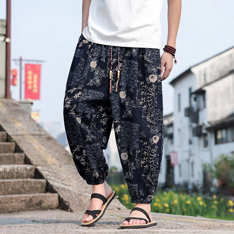 Nimara Ritual Summer Boho Casual Drawstring Elephant Tree Print Cropped Pants Men's Harem Pants With Pockets