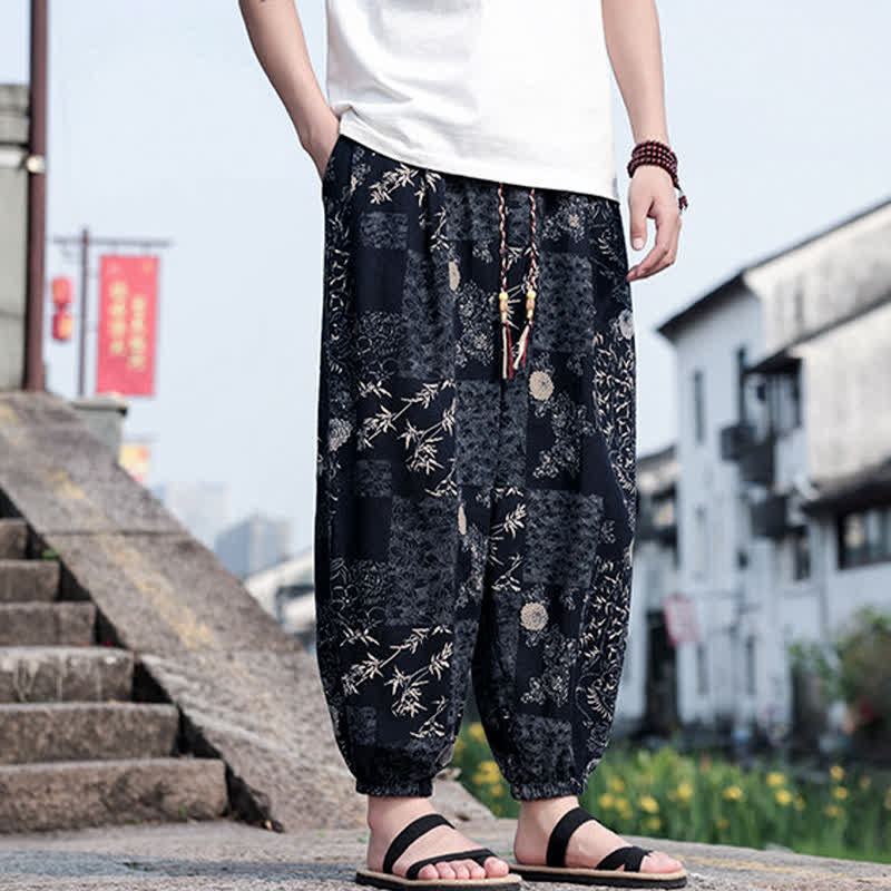 Nimara Ritual Summer Boho Casual Drawstring Elephant Tree Print Cropped Pants Men's Harem Pants With Pockets