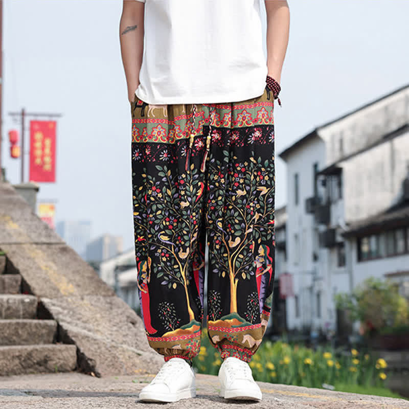 Nimara Ritual Summer Boho Casual Drawstring Elephant Tree Print Cropped Pants Men's Harem Pants With Pockets