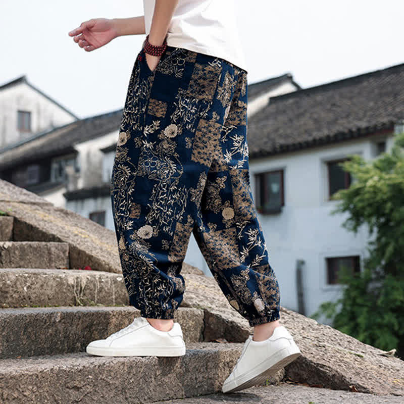 Nimara Ritual Summer Boho Casual Drawstring Elephant Tree Print Cropped Pants Men's Harem Pants With Pockets