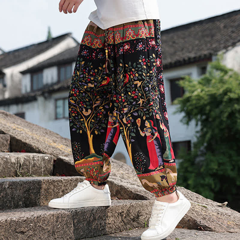 Nimara Ritual Summer Boho Casual Drawstring Elephant Tree Print Cropped Pants Men's Harem Pants With Pockets