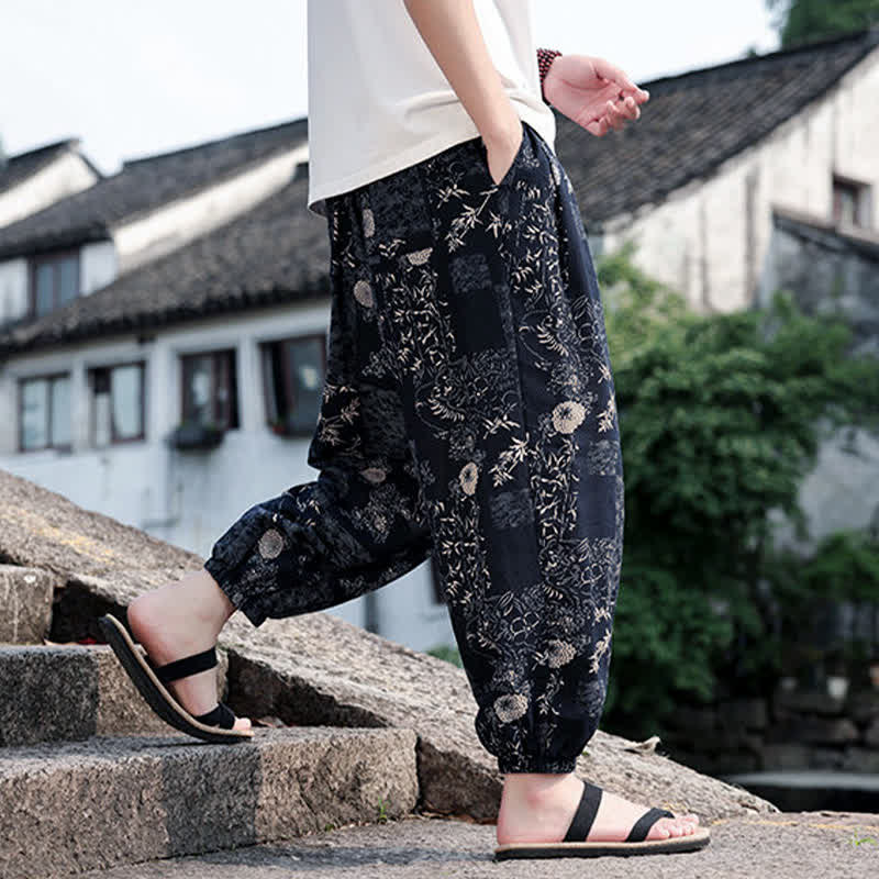 Nimara Ritual Summer Boho Casual Drawstring Elephant Tree Print Cropped Pants Men's Harem Pants With Pockets