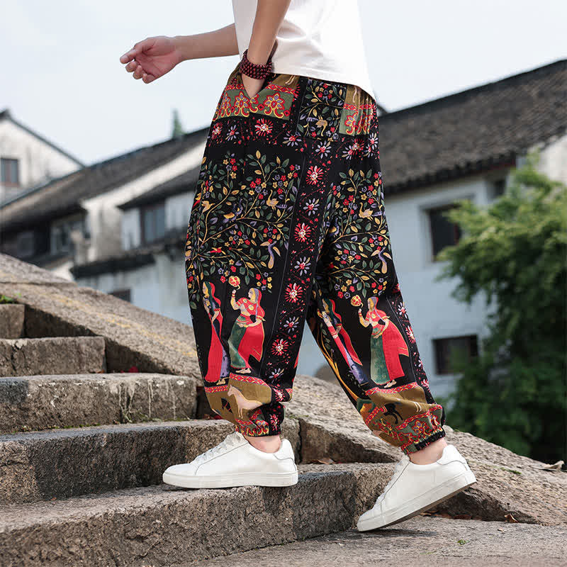 Nimara Ritual Summer Boho Casual Drawstring Elephant Tree Print Cropped Pants Men's Harem Pants With Pockets