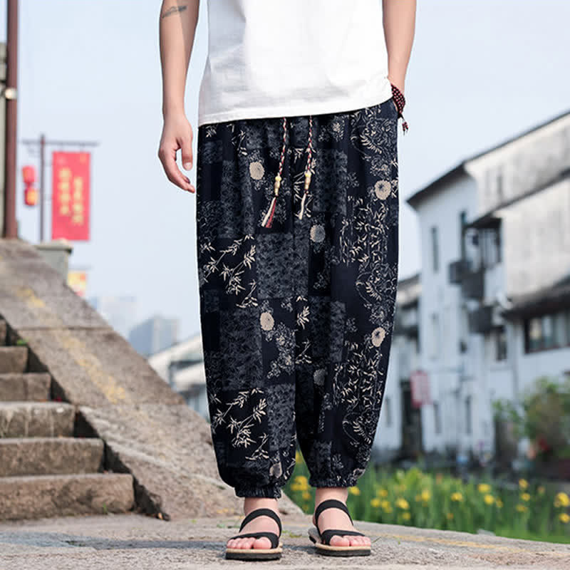 Nimara Ritual Summer Boho Casual Drawstring Elephant Tree Print Cropped Pants Men's Harem Pants With Pockets