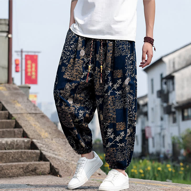 Nimara Ritual Summer Boho Casual Drawstring Elephant Tree Print Cropped Pants Men's Harem Pants With Pockets