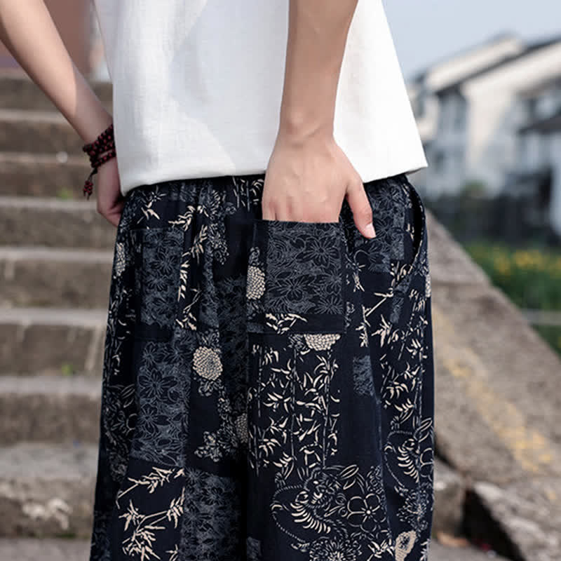 Nimara Ritual Summer Boho Casual Drawstring Elephant Tree Print Cropped Pants Men's Harem Pants With Pockets
