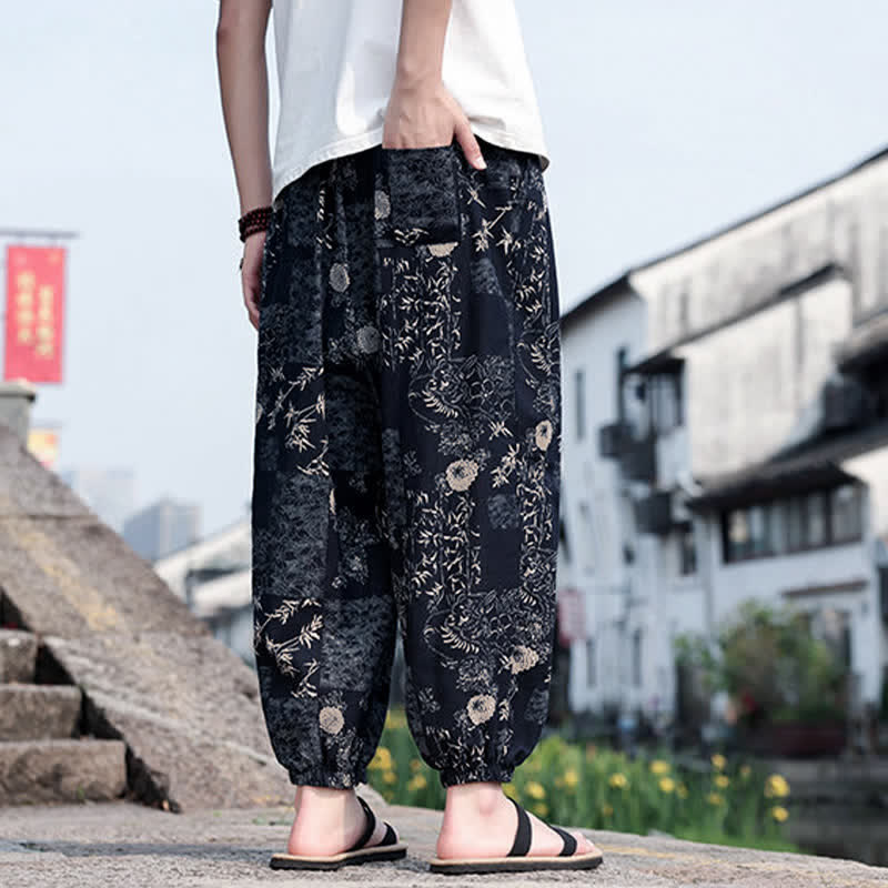 Nimara Ritual Summer Boho Casual Drawstring Elephant Tree Print Cropped Pants Men's Harem Pants With Pockets