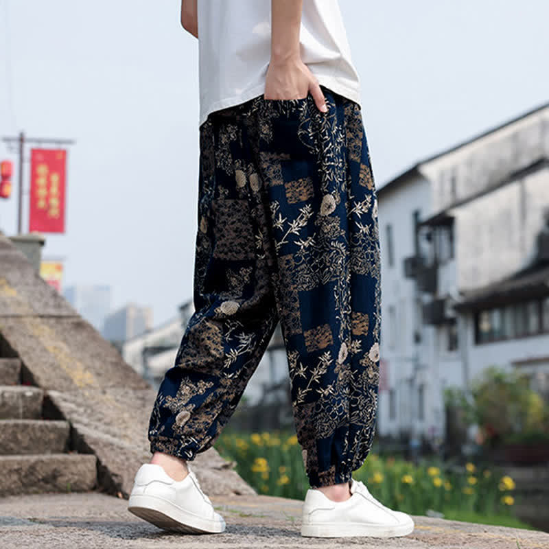 Nimara Ritual Summer Boho Casual Drawstring Elephant Tree Print Cropped Pants Men's Harem Pants With Pockets