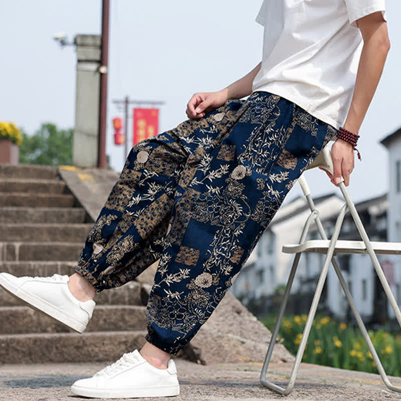 Nimara Ritual Summer Boho Casual Drawstring Elephant Tree Print Cropped Pants Men's Harem Pants With Pockets