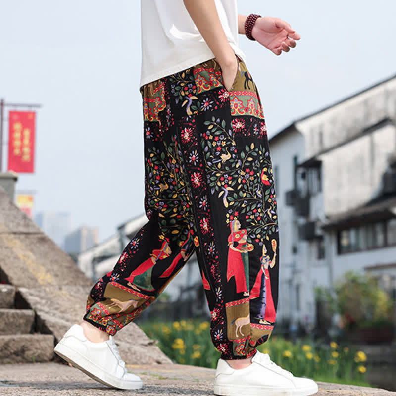 Nimara Ritual Summer Boho Casual Drawstring Elephant Tree Print Cropped Pants Men's Harem Pants With Pockets