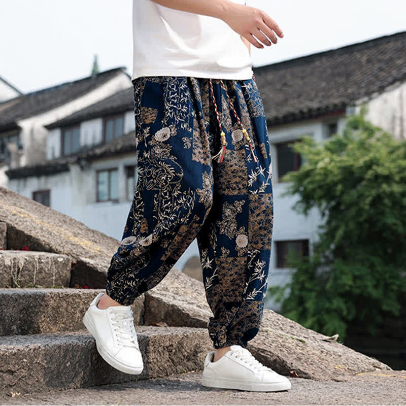 Nimara Ritual Summer Boho Casual Drawstring Elephant Tree Print Cropped Pants Men's Harem Pants With Pockets