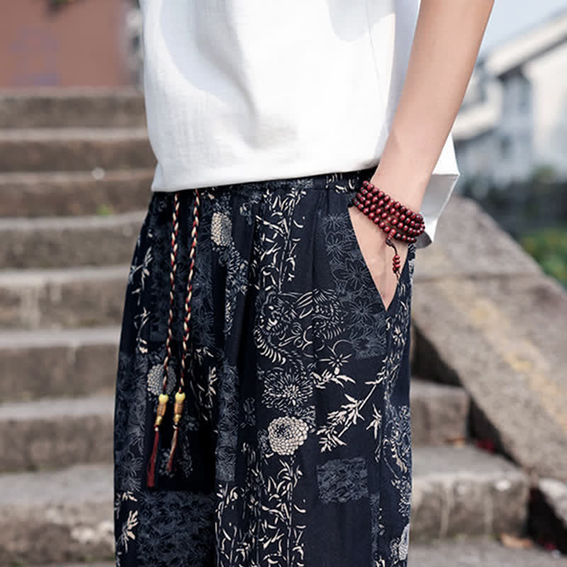 Nimara Ritual Summer Boho Casual Drawstring Elephant Tree Print Cropped Pants Men's Harem Pants With Pockets