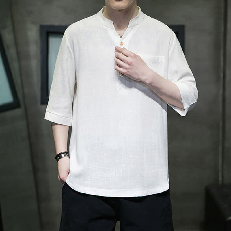 Nimara Ritual Summer Casual Tang Style Mandarin Collar Solid Men's Short Sleeve Shirts With Patch Pocket