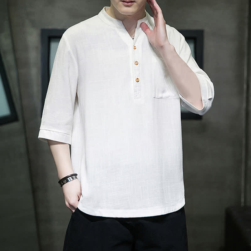 Nimara Ritual Summer Casual Tang Style Mandarin Collar Solid Men's Short Sleeve Shirts With Patch Pocket