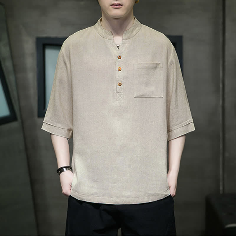 Nimara Ritual Summer Casual Tang Style Mandarin Collar Solid Men's Short Sleeve Shirts With Patch Pocket
