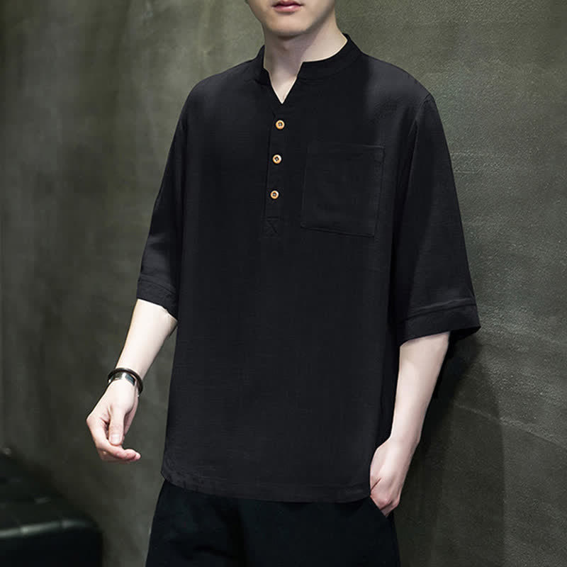 Nimara Ritual Summer Casual Tang Style Mandarin Collar Solid Men's Short Sleeve Shirts With Patch Pocket