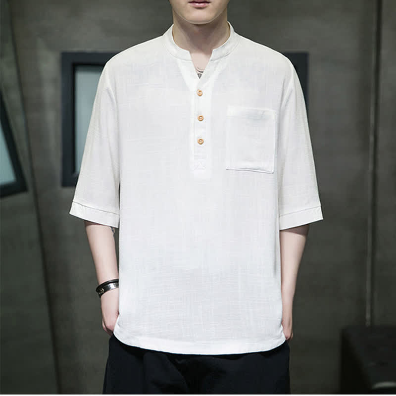 Nimara Ritual Summer Casual Tang Style Mandarin Collar Solid Men's Short Sleeve Shirts With Patch Pocket