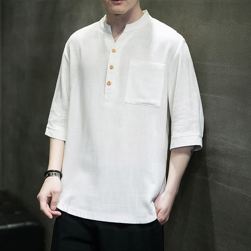 Nimara Ritual Summer Casual Tang Style Mandarin Collar Solid Men's Short Sleeve Shirts With Patch Pocket