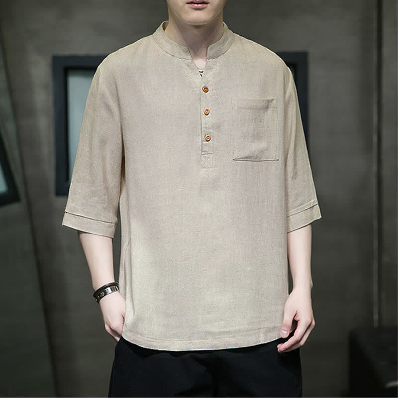 Nimara Ritual Summer Casual Tang Style Mandarin Collar Solid Men's Short Sleeve Shirts With Patch Pocket
