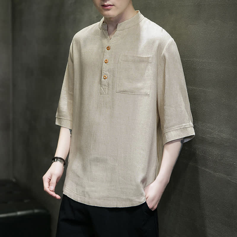 Nimara Ritual Summer Casual Tang Style Mandarin Collar Solid Men's Short Sleeve Shirts With Patch Pocket