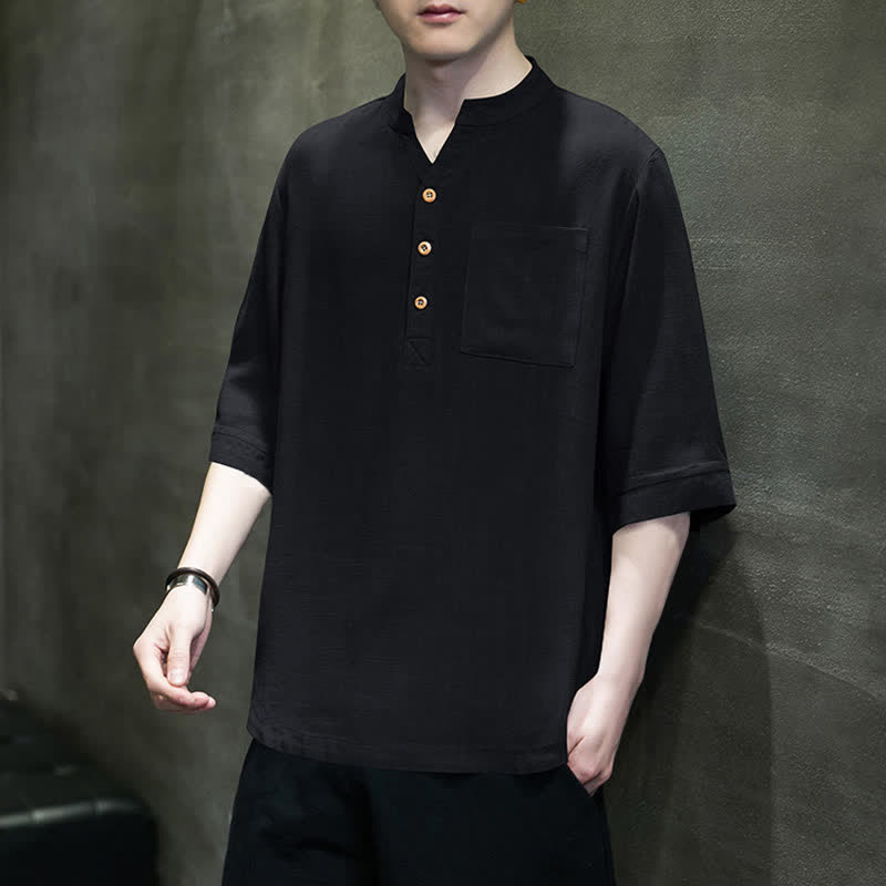 Nimara Ritual Summer Casual Tang Style Mandarin Collar Solid Men's Short Sleeve Shirts With Patch Pocket