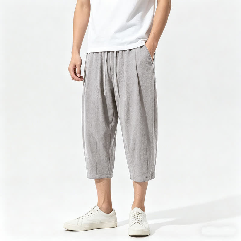 Nimara Ritual Summer Casual Drawstring Solid Cotton Capri Pants Men's Harem Pants With Pockets