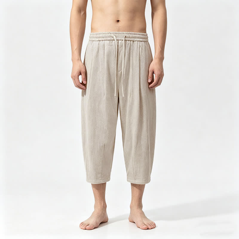 Nimara Ritual Summer Casual Drawstring Solid Cotton Capri Pants Men's Harem Pants With Pockets