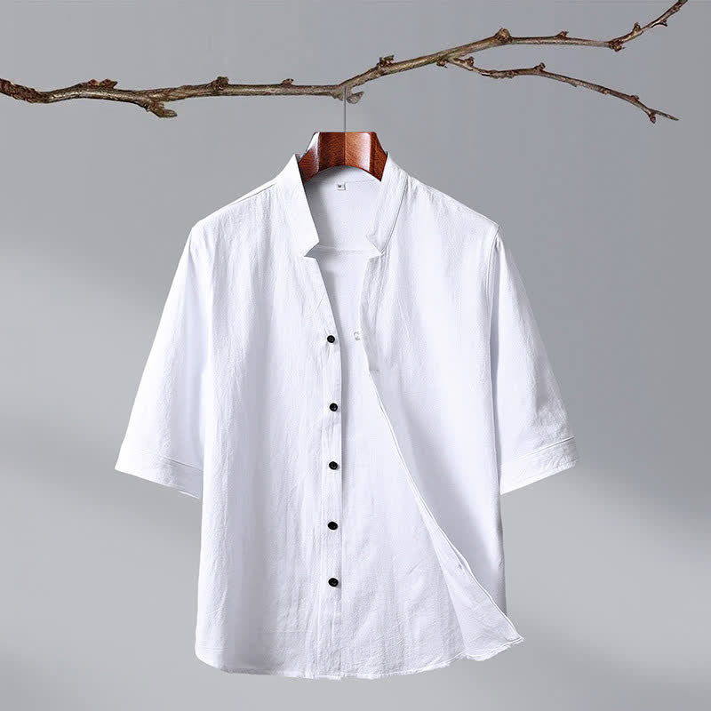 Nimara Ritual Summer Tang Style Mandarin Collar Button-Up Solid Cotton Men's Short Sleeve Shirts