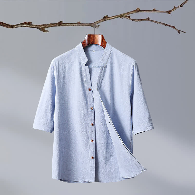 Nimara Ritual Summer Tang Style Mandarin Collar Button-Up Solid Cotton Men's Short Sleeve Shirts