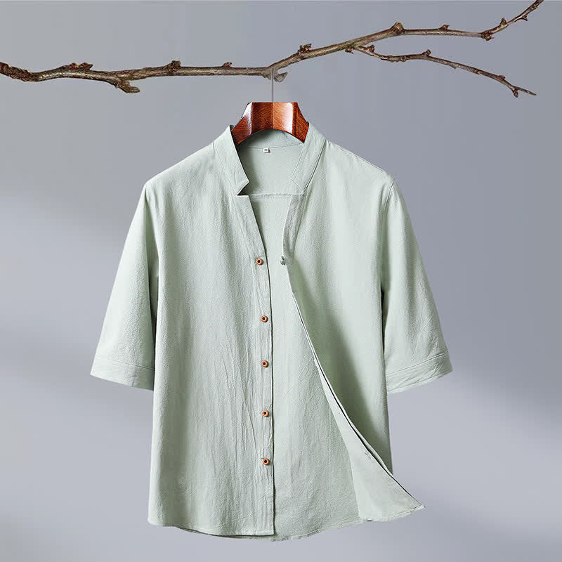 Nimara Ritual Summer Tang Style Mandarin Collar Button-Up Solid Cotton Men's Short Sleeve Shirts