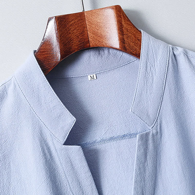 Nimara Ritual Summer Tang Style Mandarin Collar Button-Up Solid Cotton Men's Short Sleeve Shirts