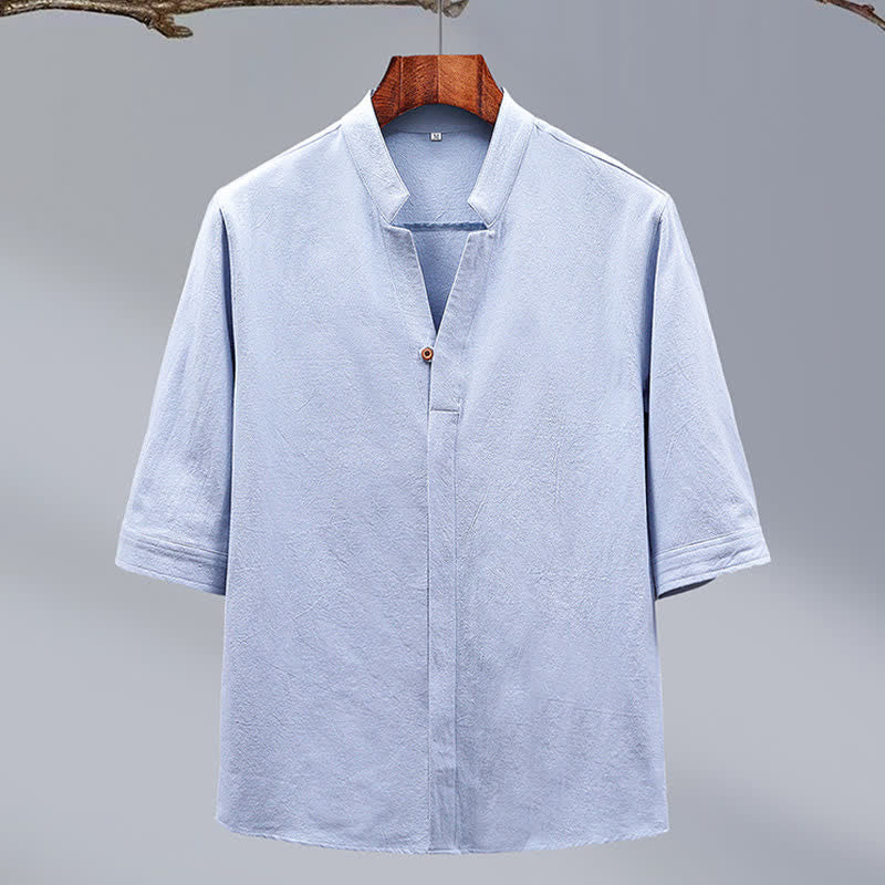 Nimara Ritual Summer Tang Style Mandarin Collar Button-Up Solid Cotton Men's Short Sleeve Shirts