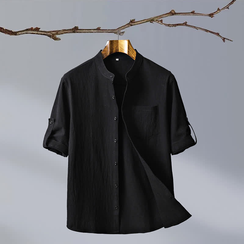 Nimara Ritual Summer Tang Style Casual Mandarin Collar Solid Cotton Men's Short Sleeve Shirts With Patch Pocket