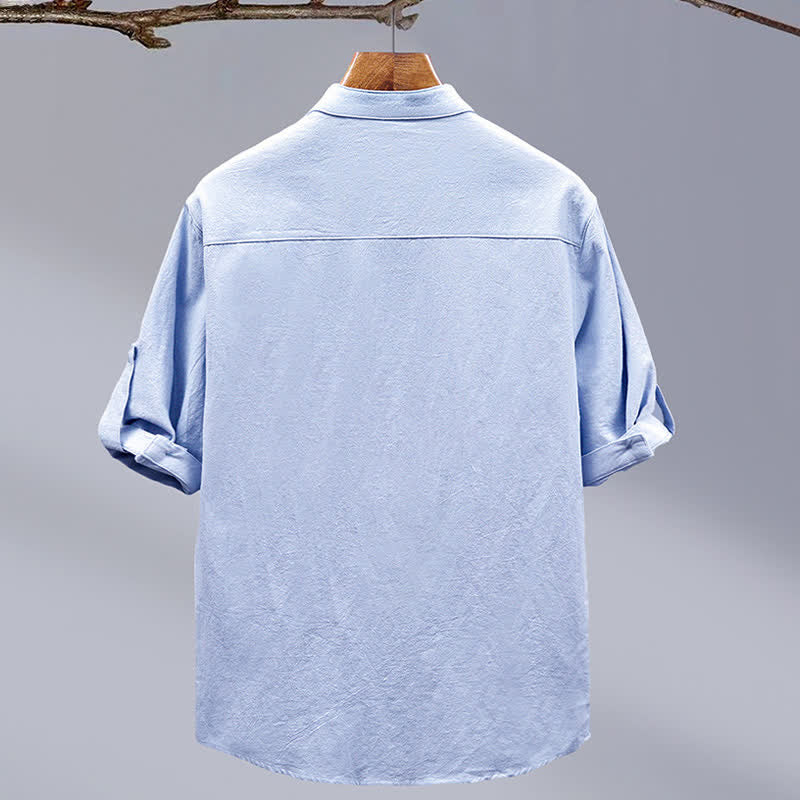 Nimara Ritual Summer Tang Style Casual Mandarin Collar Solid Cotton Men's Short Sleeve Shirts With Patch Pocket