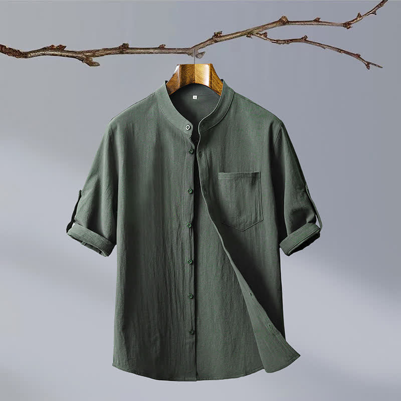 Nimara Ritual Summer Tang Style Casual Mandarin Collar Solid Cotton Men's Short Sleeve Shirts With Patch Pocket