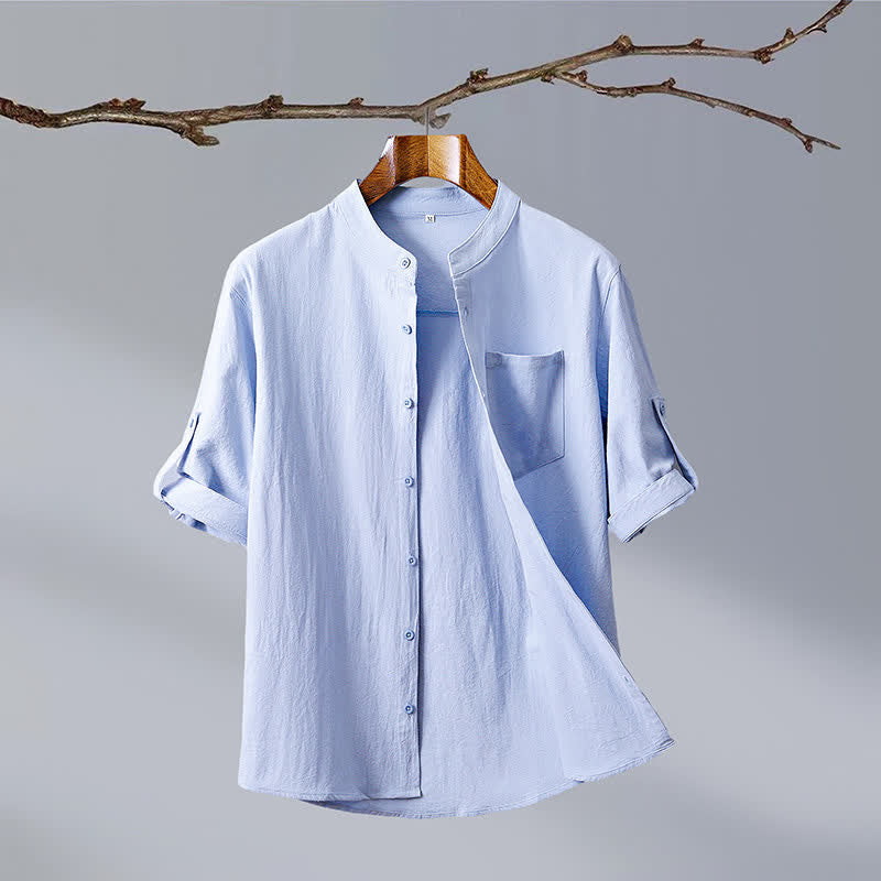 Nimara Ritual Summer Tang Style Casual Mandarin Collar Solid Cotton Men's Short Sleeve Shirts With Patch Pocket