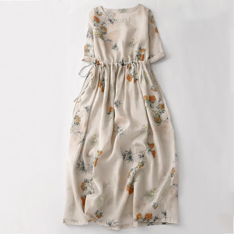Nimara Ritual Summer Vintage Drawstring Beige Floral Crew Neck Women's Short Sleeve Dress With Pocket