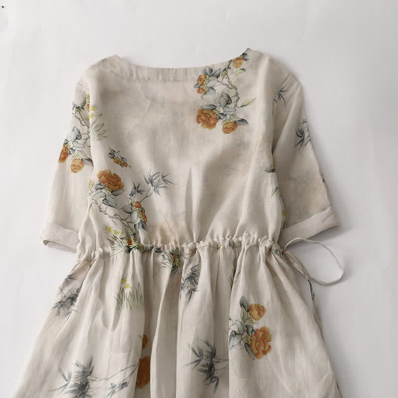 Nimara Ritual Summer Vintage Drawstring Beige Floral Crew Neck Women's Short Sleeve Dress With Pocket