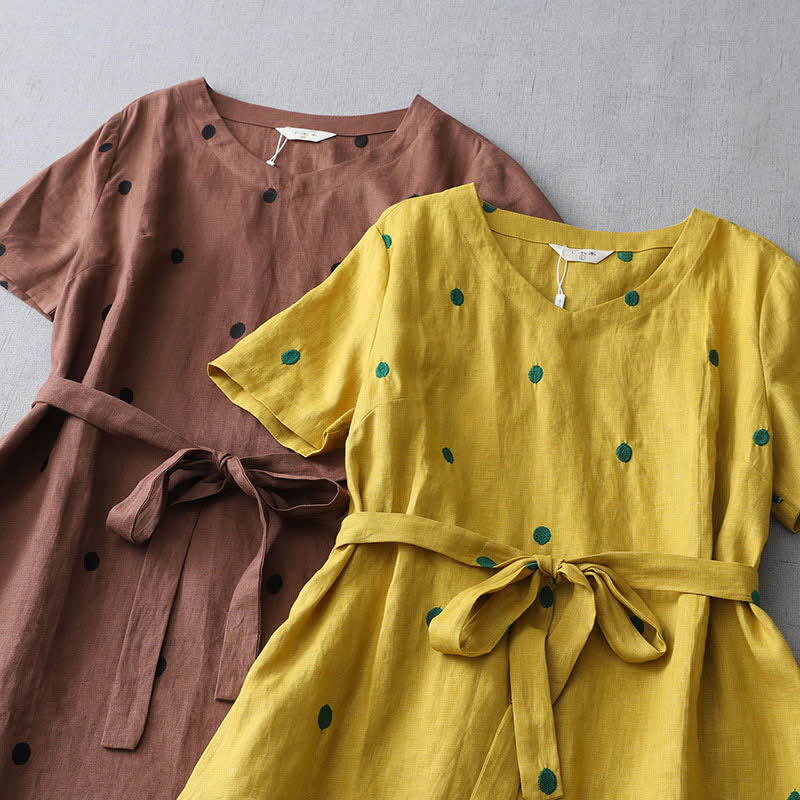 Nimara Ritual Summer Casual Boho Drawstring Abstract Polka Dots Women's Short Sleeve Dress With Pocket