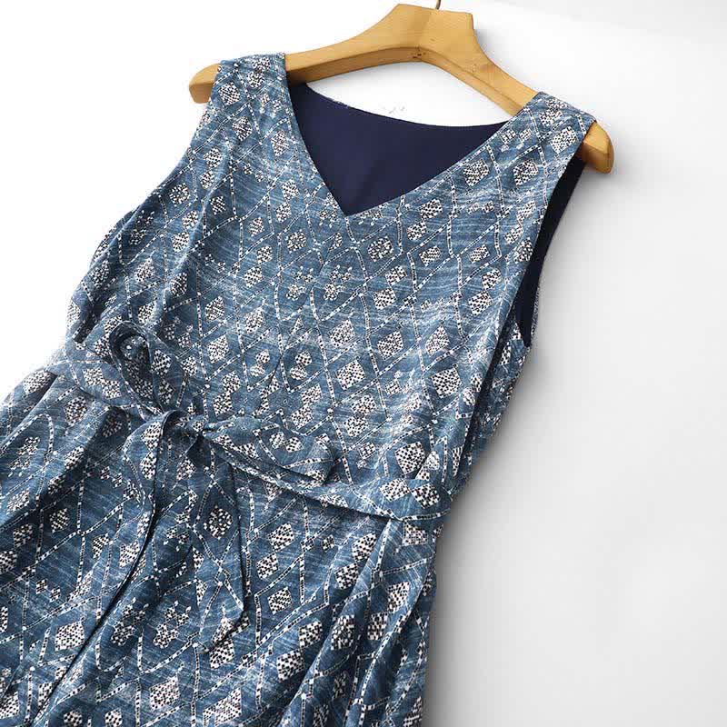 Nimara Ritual Summer Boho Drawstring Blue Geometric Women's Summer Sleeveless Dress With Pockets