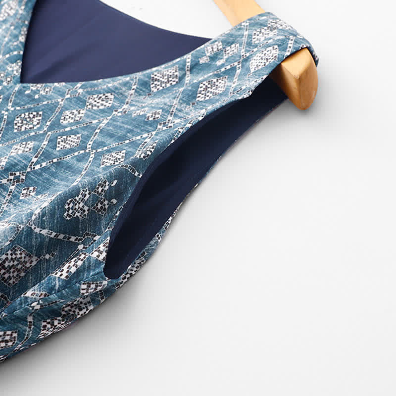 Nimara Ritual Summer Boho Drawstring Blue Geometric Women's Summer Sleeveless Dress With Pockets