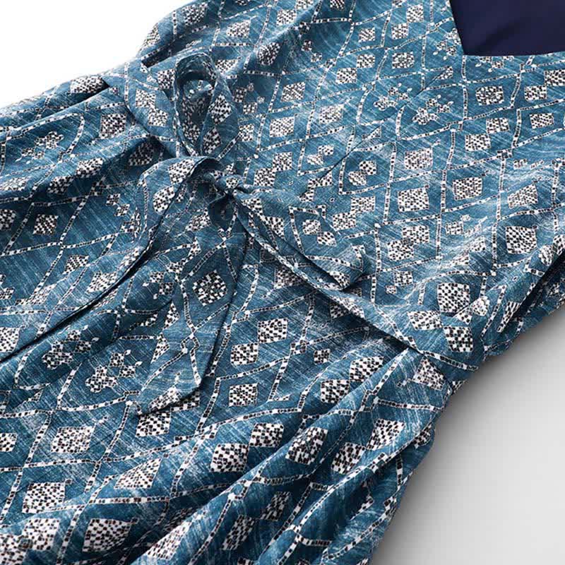 Nimara Ritual Summer Boho Drawstring Blue Geometric Women's Summer Sleeveless Dress With Pockets