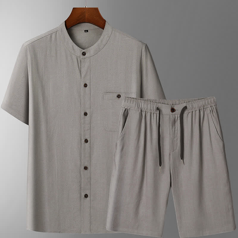 Nimara Ritual Summer Casual Mandarin Collar Solid Short Sleeve Shirt Drawstring Pants Men's Matching Sets With Pockets