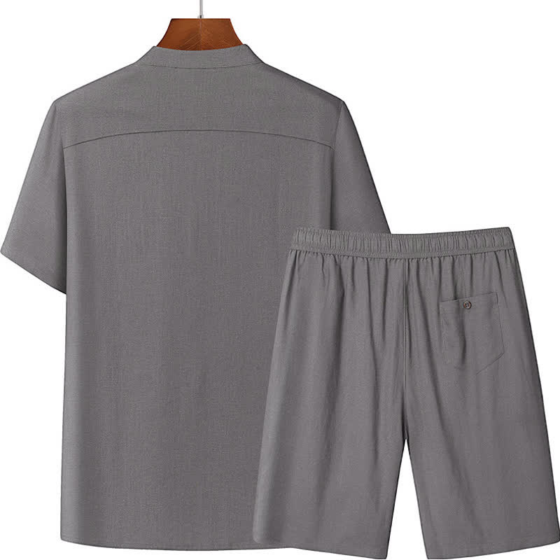 Nimara Ritual Summer Casual Mandarin Collar Solid Short Sleeve Shirt Drawstring Pants Men's Matching Sets With Pockets