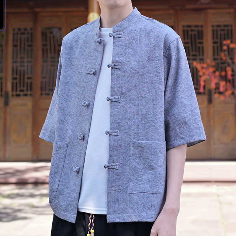 Nimara Ritual Summer Tang Style Mandarin Collar Frog Button Solid Men's Short Sleeve Shirts With Pocket
