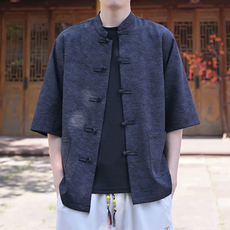 Nimara Ritual Summer Tang Style Mandarin Collar Frog Button Solid Men's Short Sleeve Shirts With Pocket