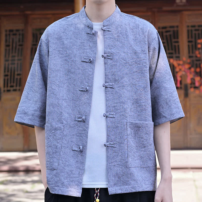 Nimara Ritual Summer Tang Style Mandarin Collar Frog Button Solid Men's Short Sleeve Shirts With Pocket