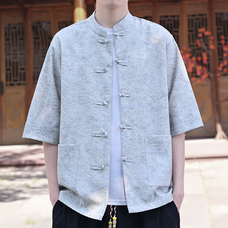 Nimara Ritual Summer Tang Style Mandarin Collar Frog Button Solid Men's Short Sleeve Shirts With Pocket