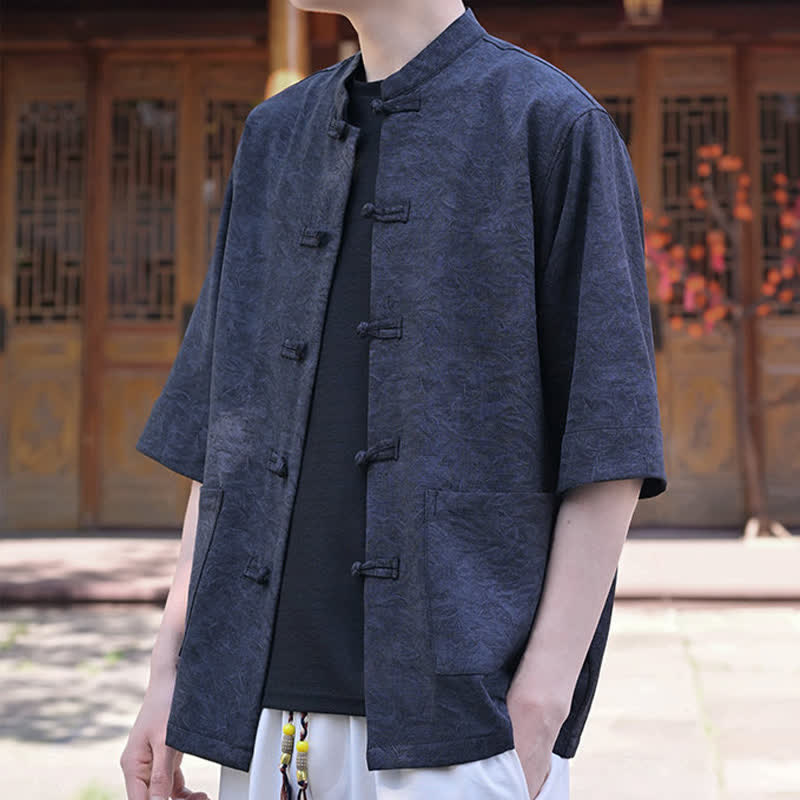Nimara Ritual Summer Tang Style Mandarin Collar Frog Button Solid Men's Short Sleeve Shirts With Pocket