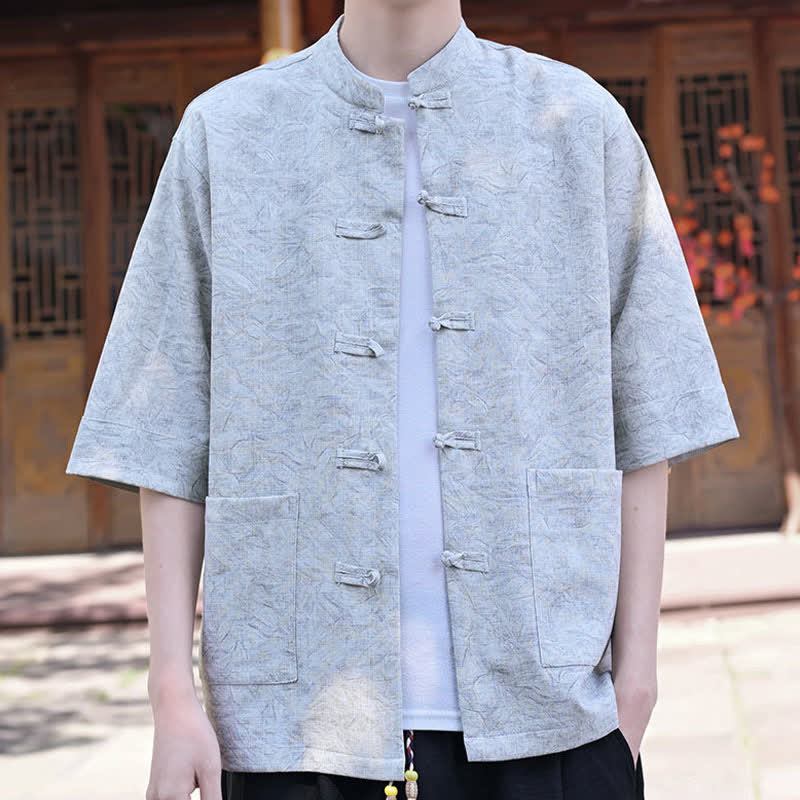 Nimara Ritual Summer Tang Style Mandarin Collar Frog Button Solid Men's Short Sleeve Shirts With Pocket
